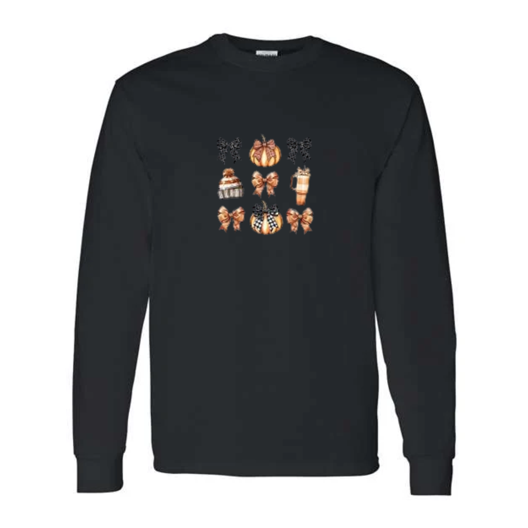 Cozy Bows and Brews design on black long sleeve tee