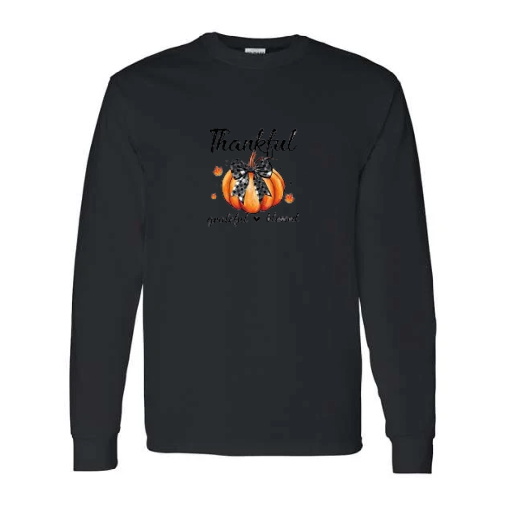 Thankful Grateful Blessed design on black long sleeve tee