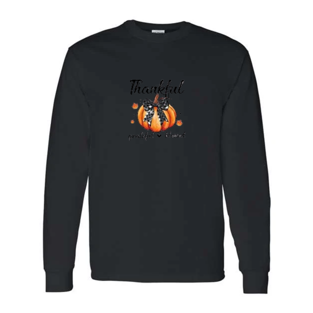 Thankful Grateful Blessed design on black long sleeve tee