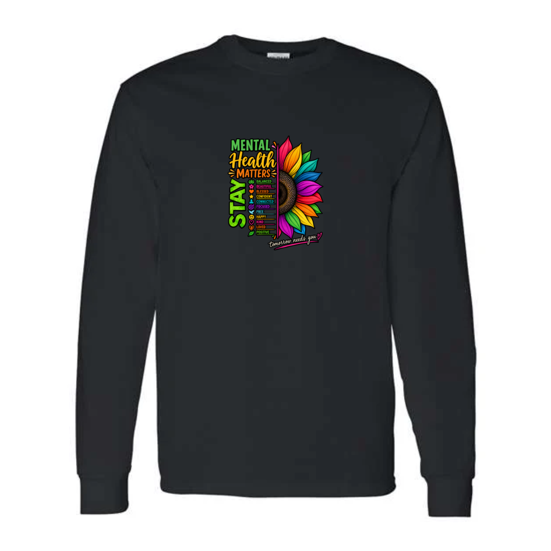 Mental Health Matters — Rainbow Sunflower design on black long sleeve tee