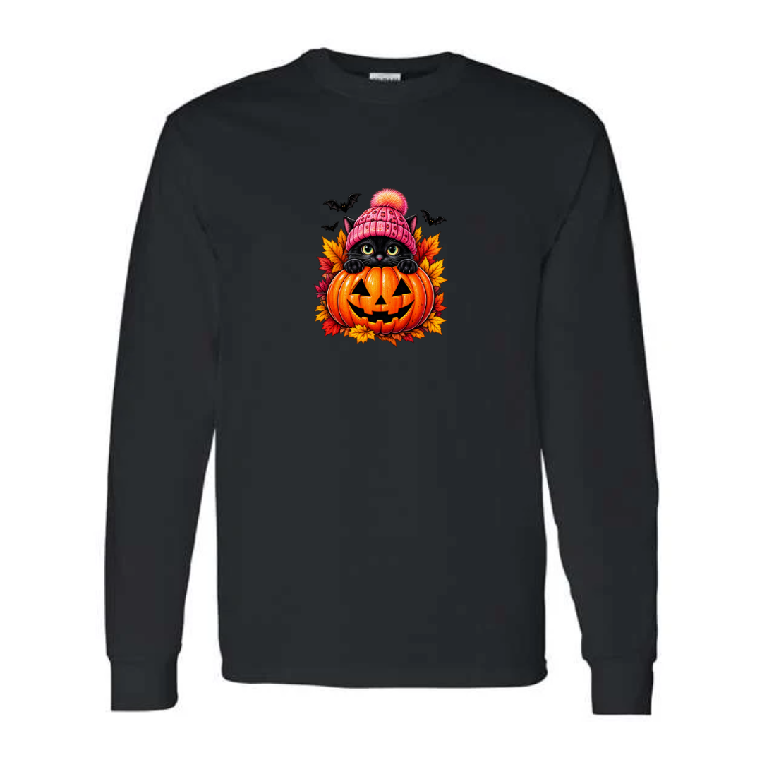 Black Cat Jack-O-Lantern design on black long sleeve tee