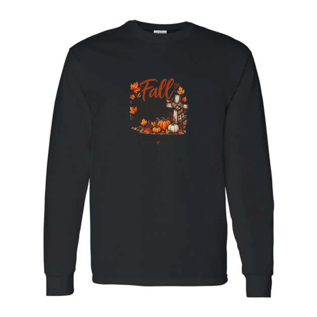 Fall For Jesus He Never Leaves — Watercolor design on black long sleeve tee
