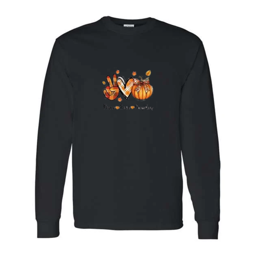 Peace Love Pumpkins design on black long sleeve tee