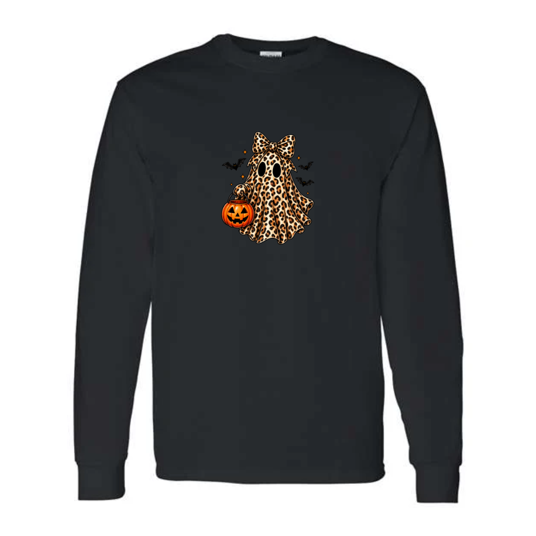 Leopard Ghost With Pumpkin Pail design on black long sleeve tee