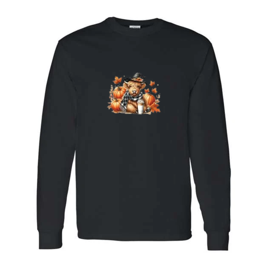 Cozy Highland Cow design on black long sleeve tee