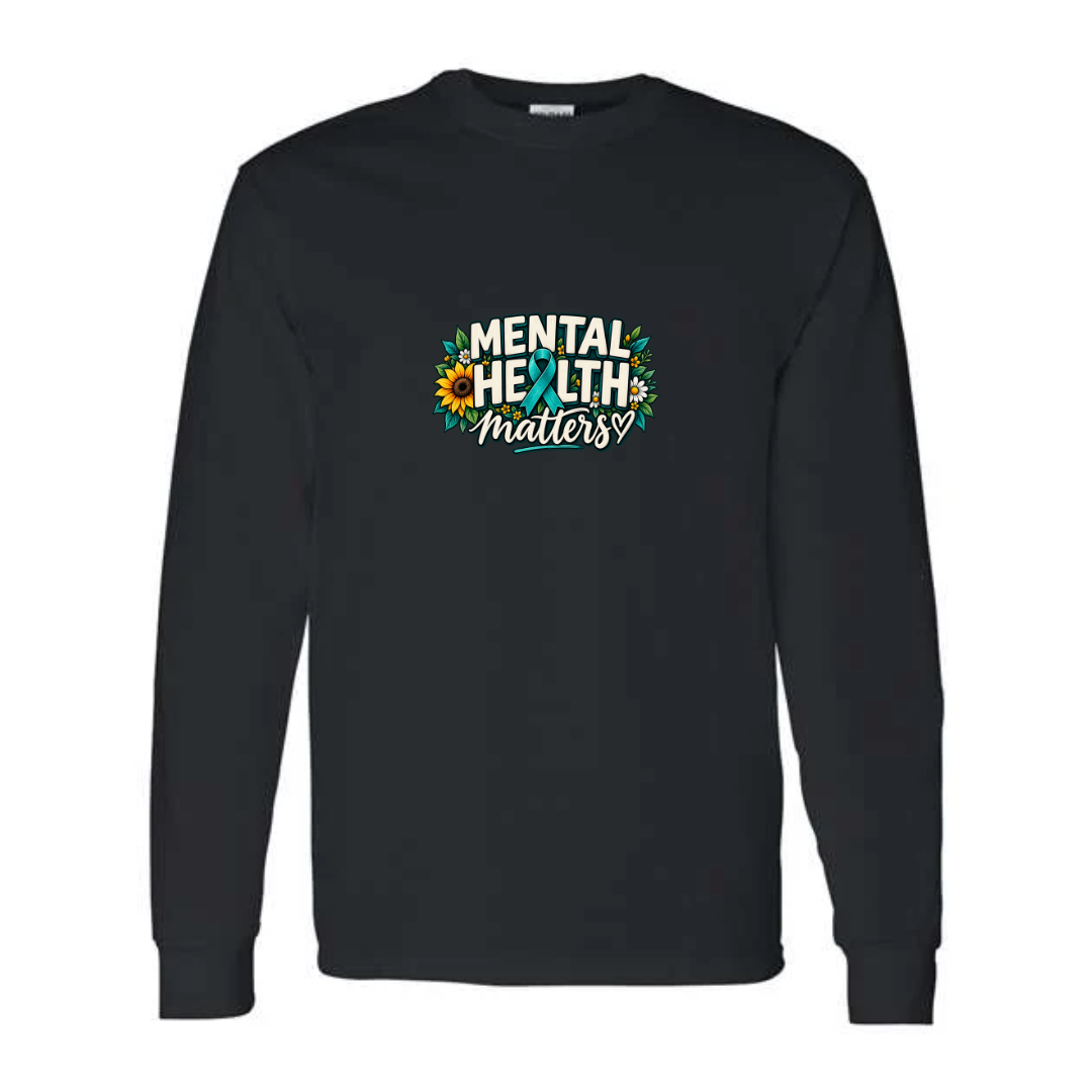 Mental Health Matters — Teal Ribbon design on black long sleeve tee