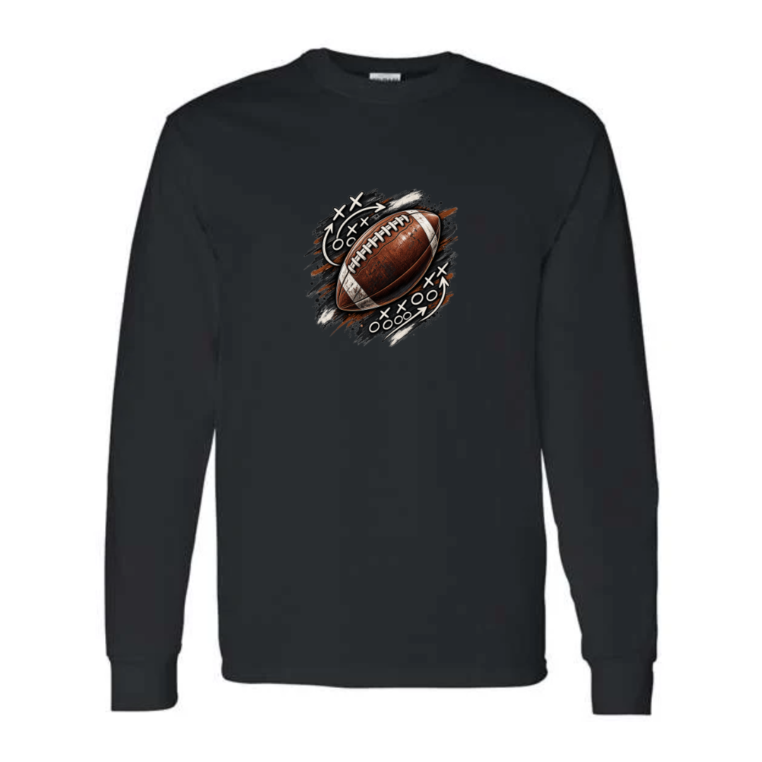 Football Playbook design on black long sleeve tee