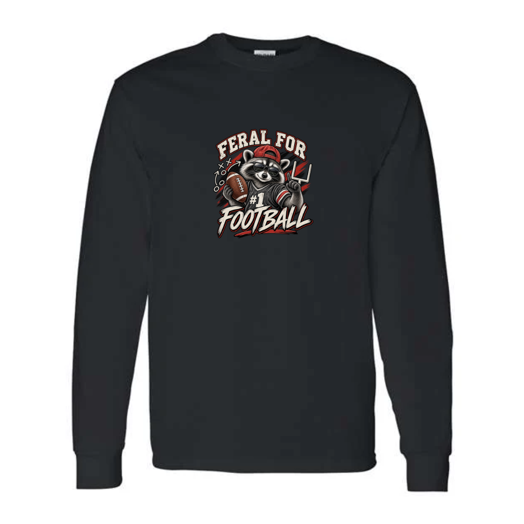Feral For Football — Varsity Red design on black long sleeve tee