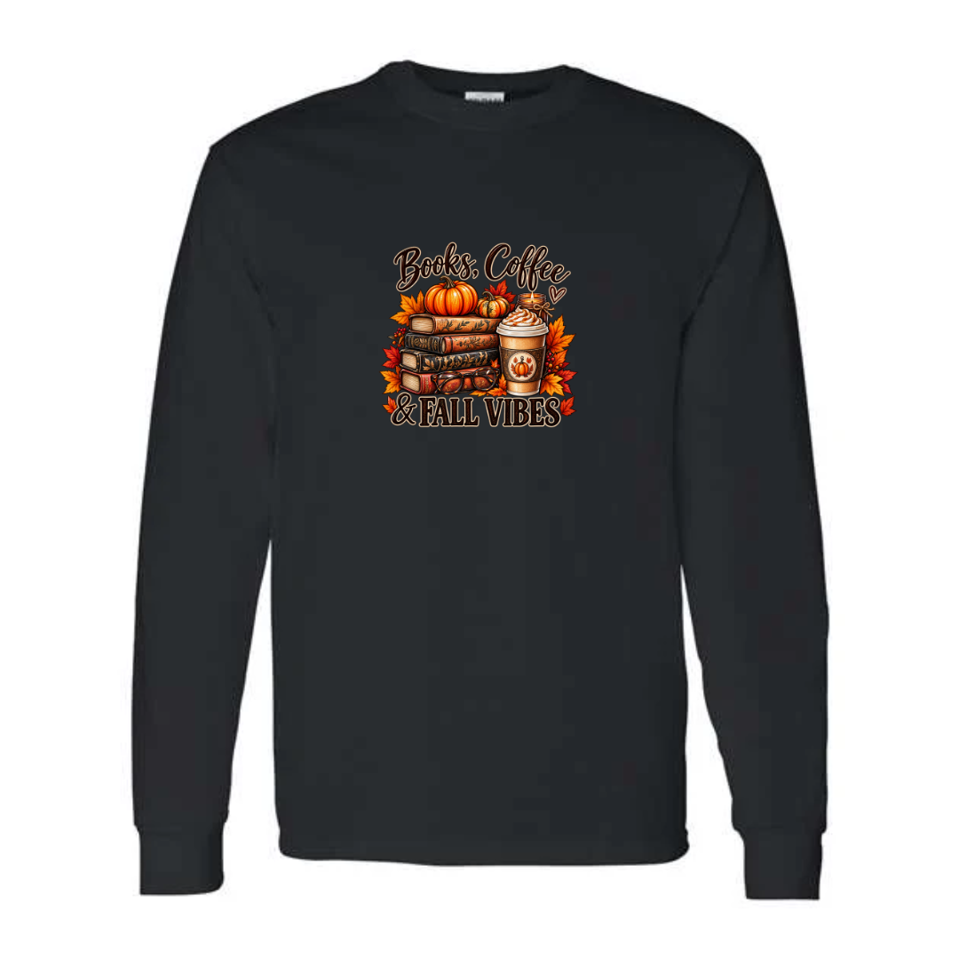 Books Coffee & Fall Vibes design on black long sleeve tee