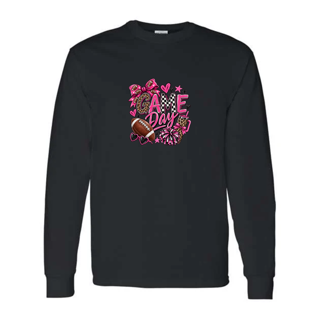 Game Day — Pink Leopard design on black long sleeve tee