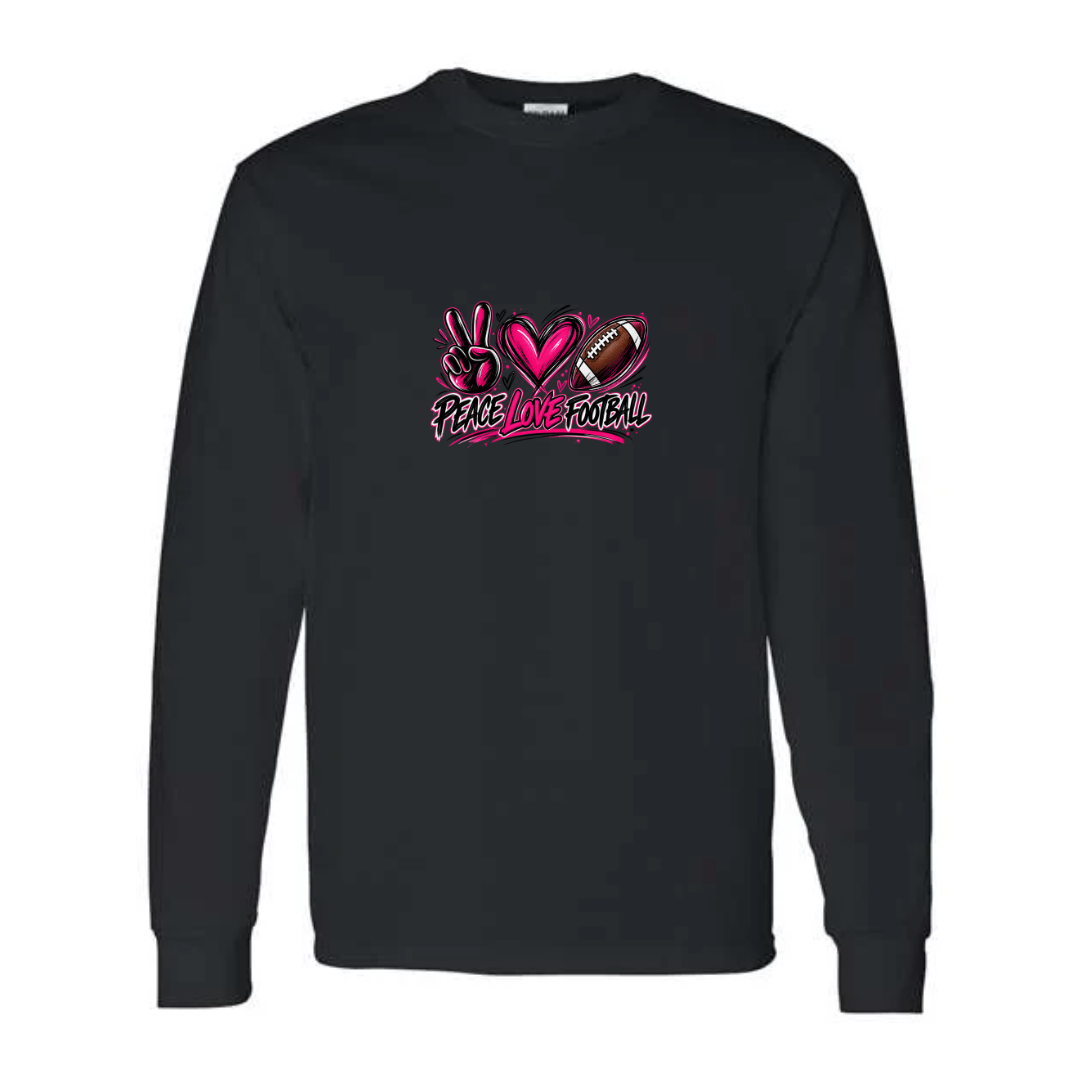 Peace Love Football design on black long sleeve tee