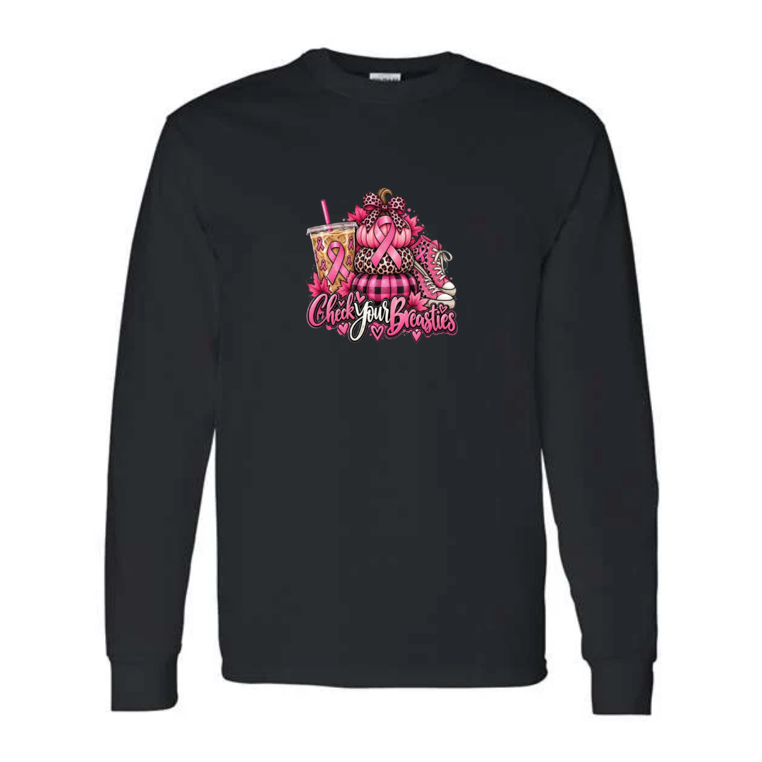 Check Your Breasties design on black long sleeve tee