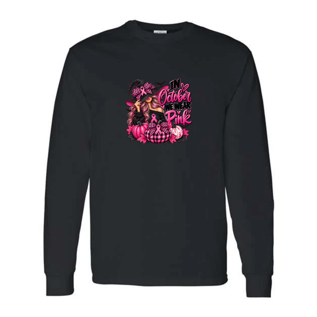 In October We Wear Pink — Witch Hat design on black long sleeve tee