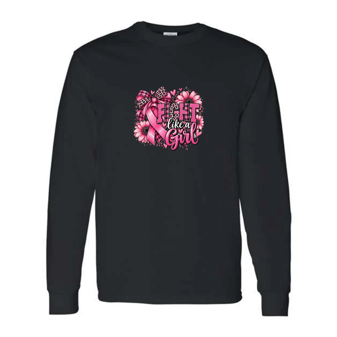 Fight Like A Girl — Sunflower Bow design on black long sleeve tee