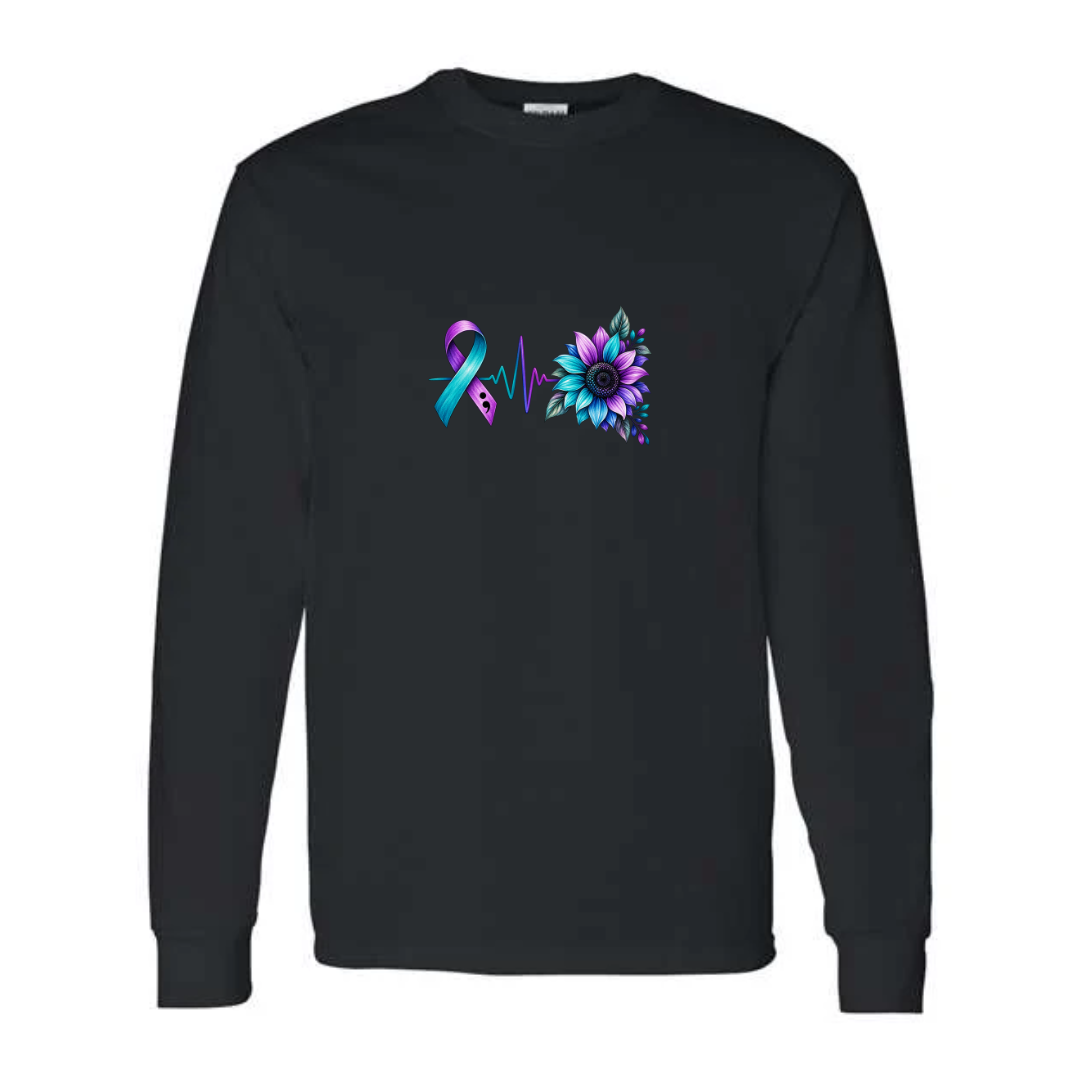 Suicide Prevention Ribbon Sunflower design on black long sleeve tee