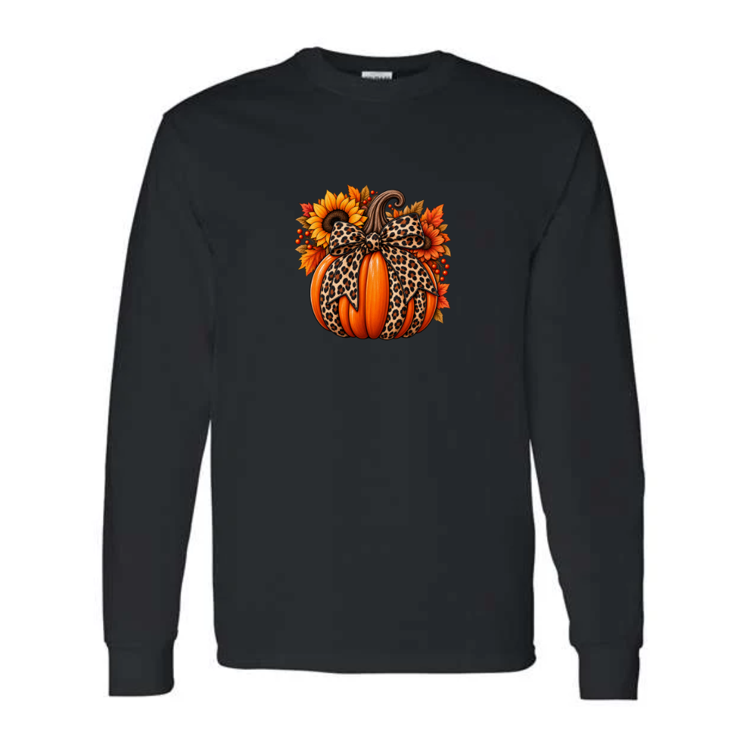 Leopard Pumpkin With Bow design on black long sleeve tee