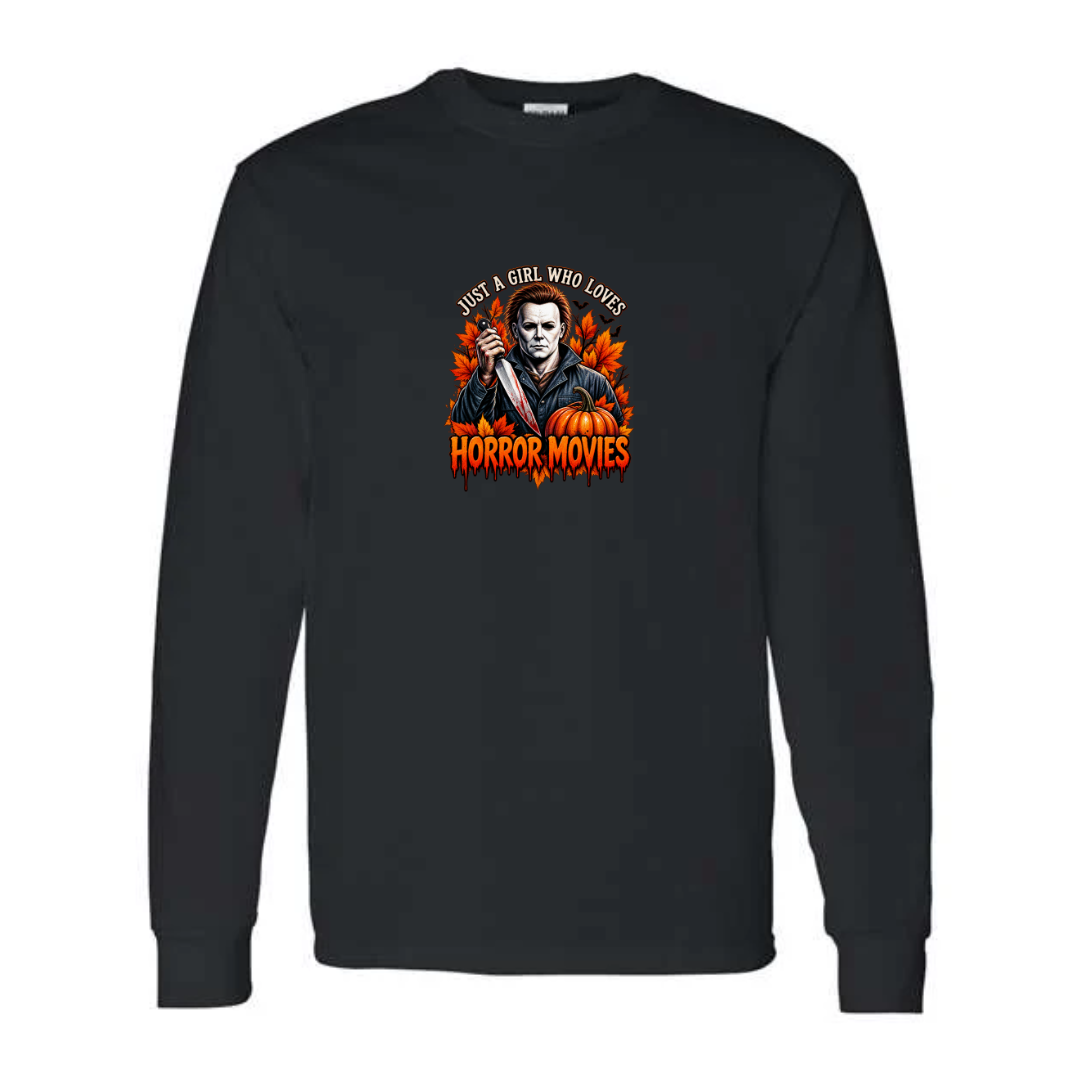 Just A Girl Who Loves Horror Movies design on black long sleeve tee