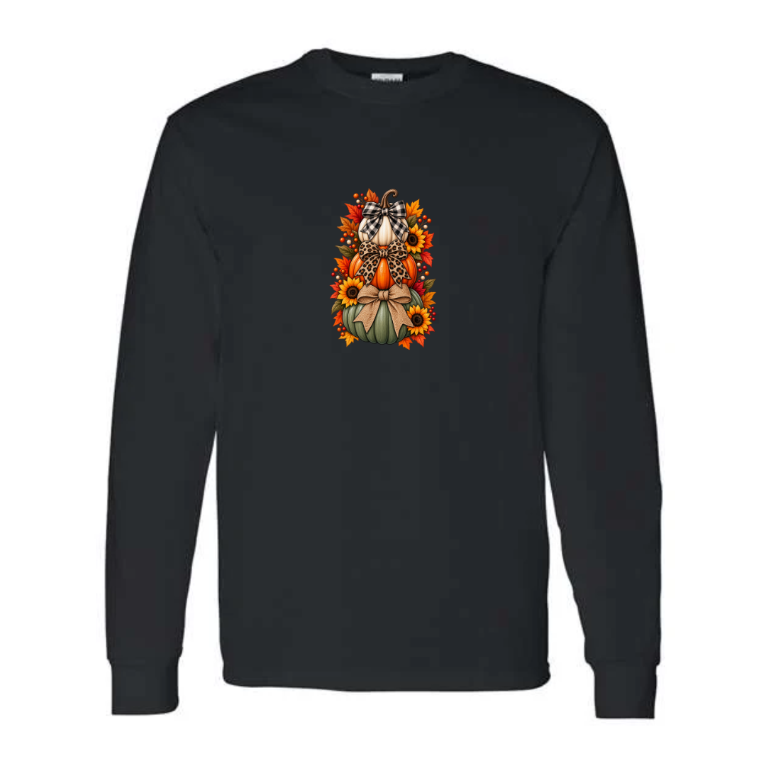 Stacked Pumpkins With Bows design on black long sleeve tee