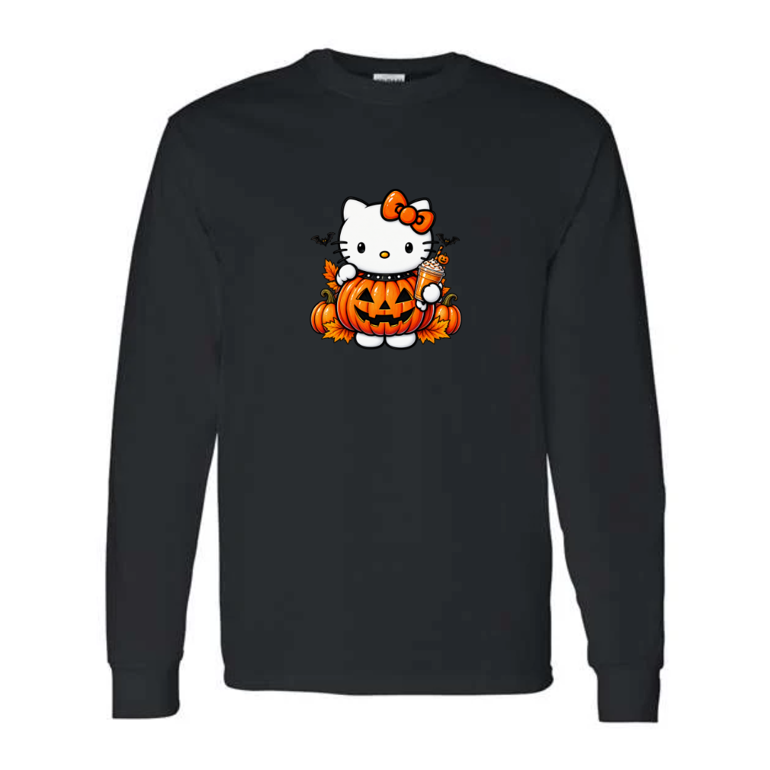 Kitty Pumpkin Latte design on black long sleeve tee