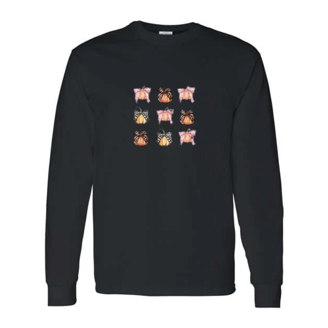 Coquette Pumpkin Bows design on black long sleeve tee