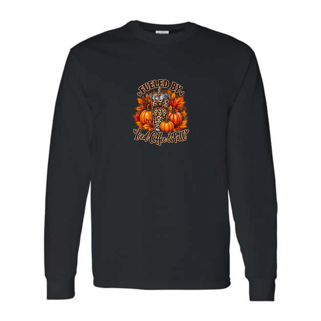 Fueled By Iced Coffee & Fall design on black long sleeve tee