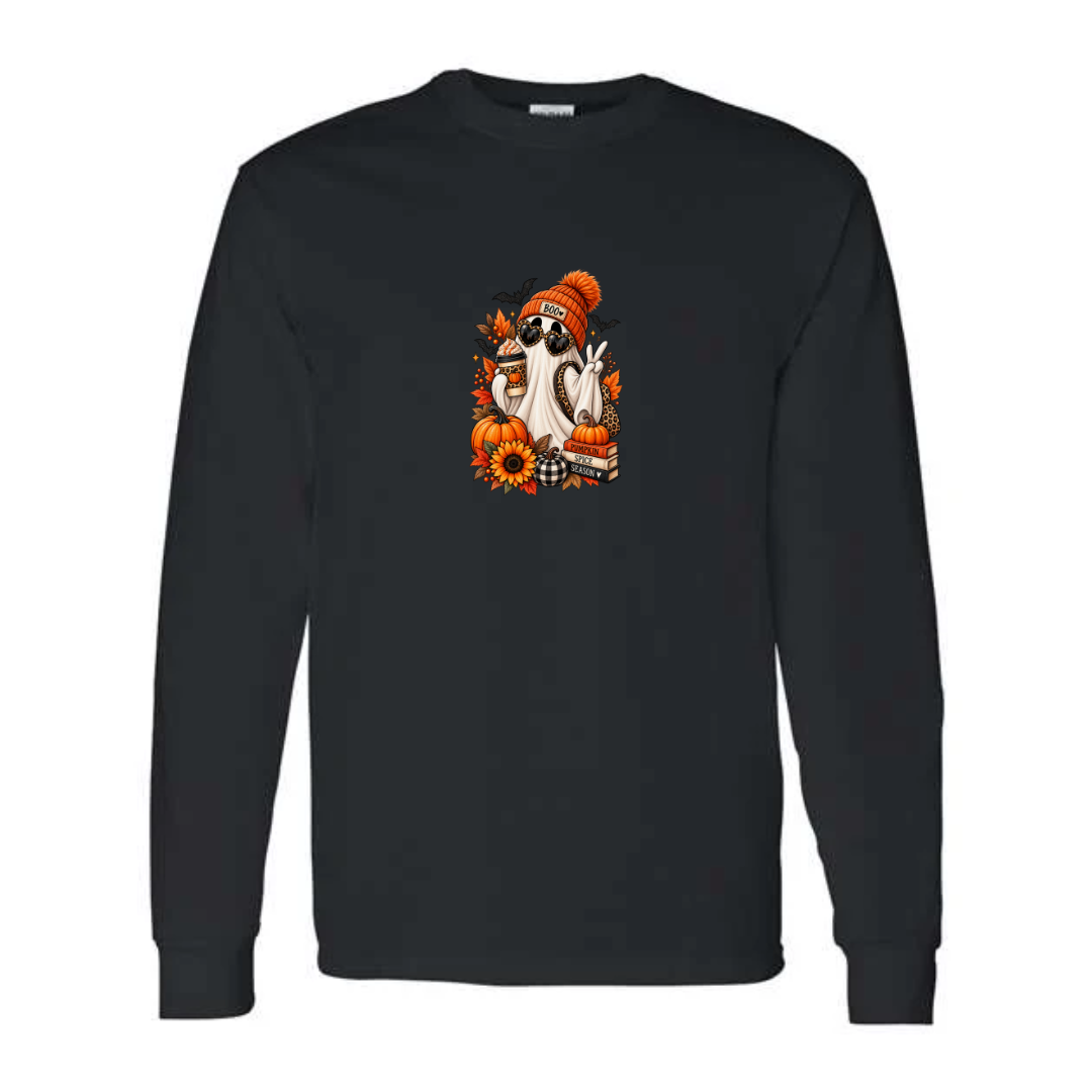 Pumpkin Spice Season Ghost design on black long sleeve tee