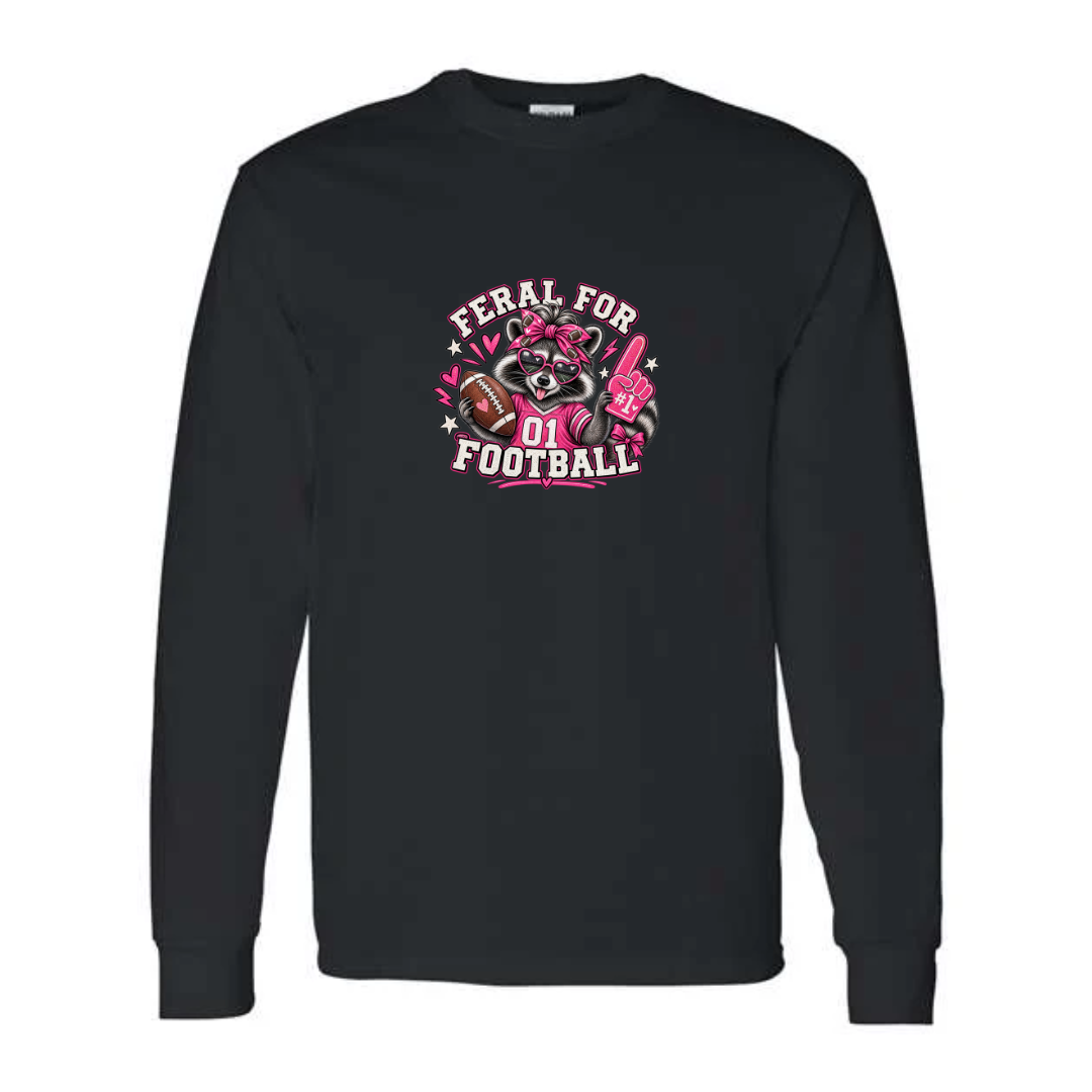 Feral For Football — Pink Cheer design on black long sleeve tee