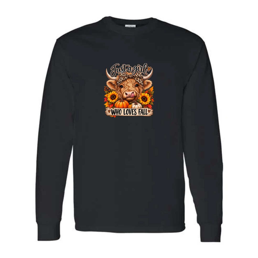 Just A Girl Who Loves Fall design on black long sleeve tee