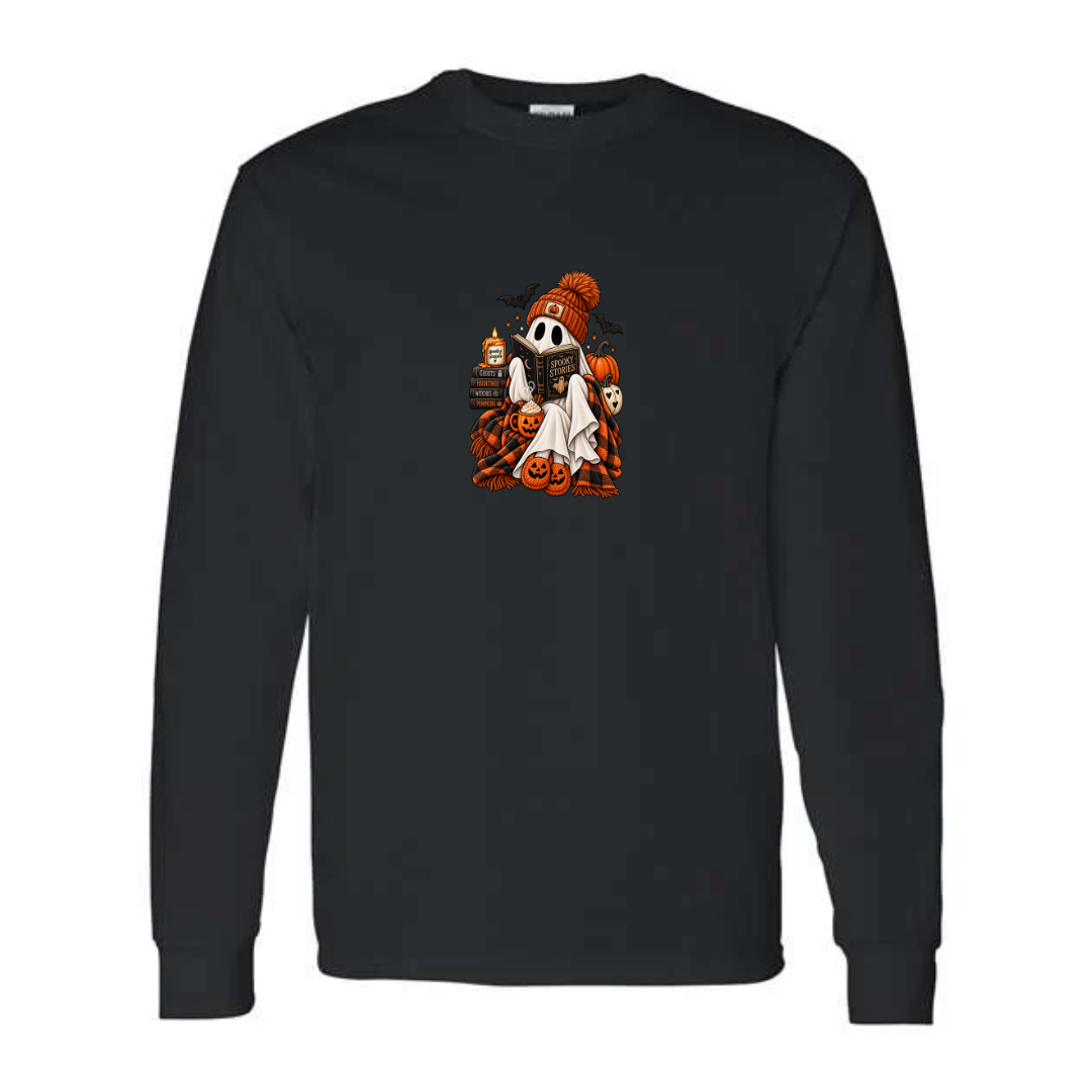 Spooky Stories design on black long sleeve tee
