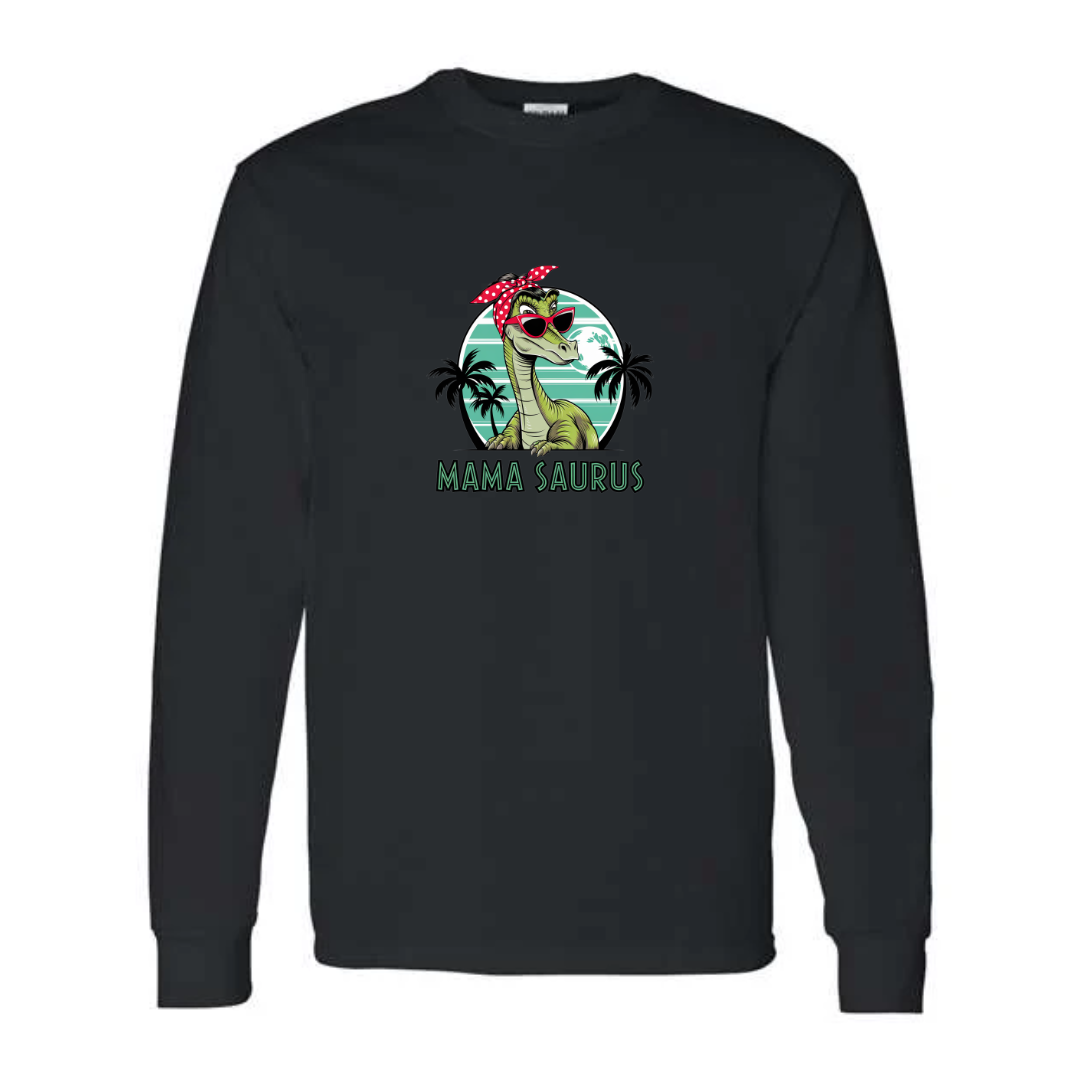 Mama Saurus design on black long sleeve tee