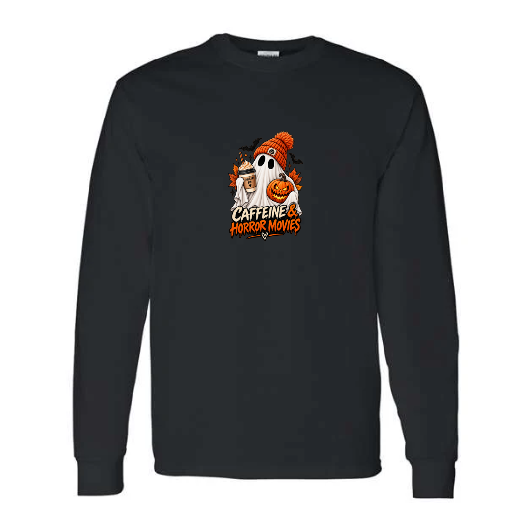 Caffeine & Horror Movies design on black long sleeve tee