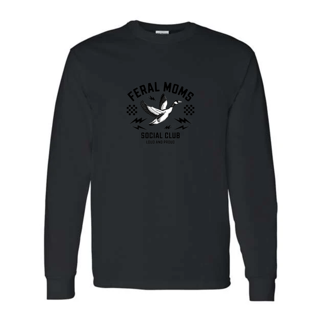Feral Moms Social Club design on black long sleeve tee