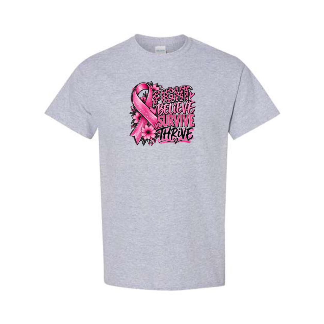 Fight Believe Survive Thrive design on grey short sleeve tee