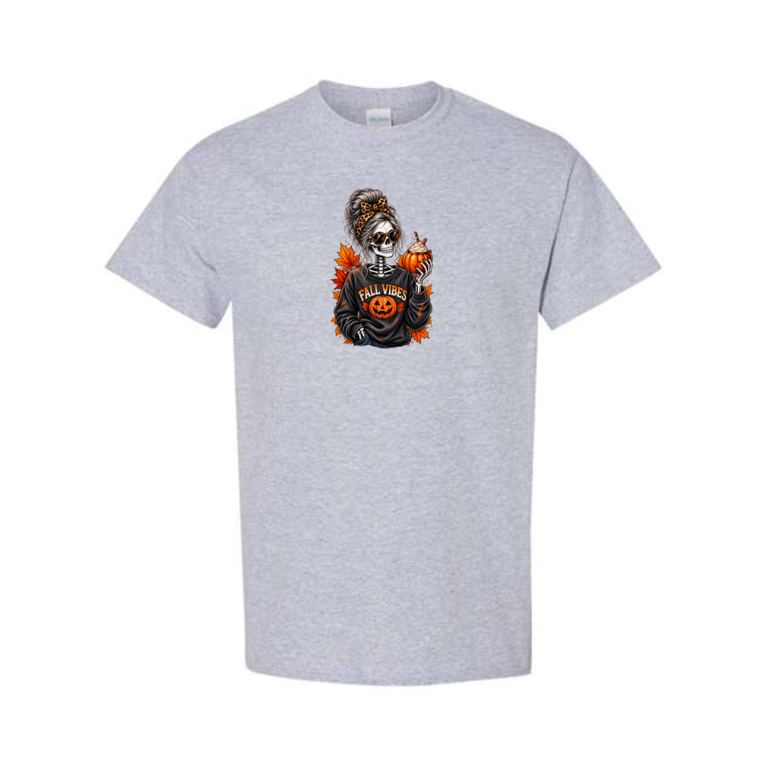 Fall Vibes Skeleton design on grey short sleeve tee