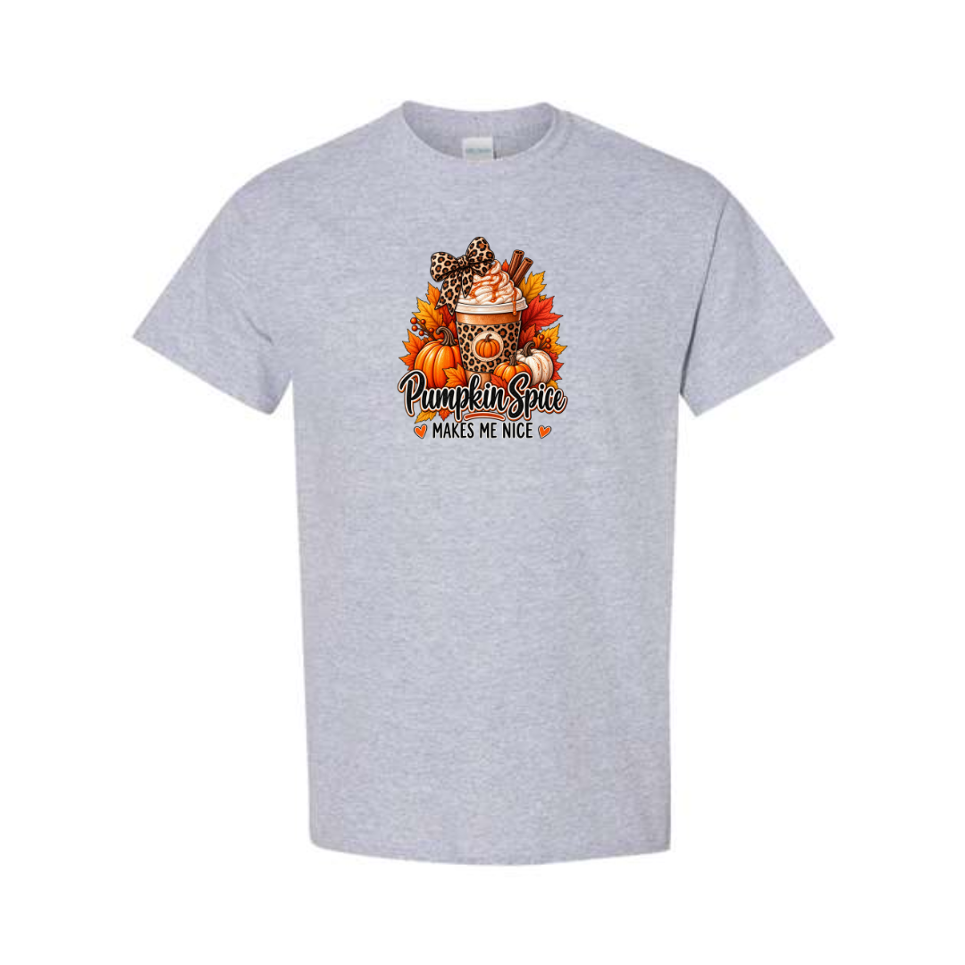 Pumpkin Spice Makes Me Nice design on grey short sleeve tee