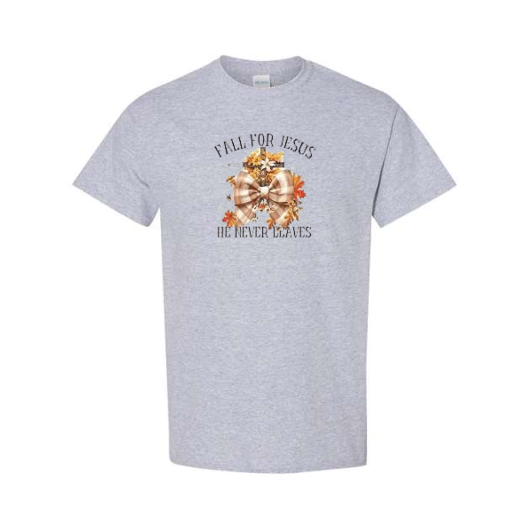 Fall For Jesus He Never Leaves design on grey short sleeve tee