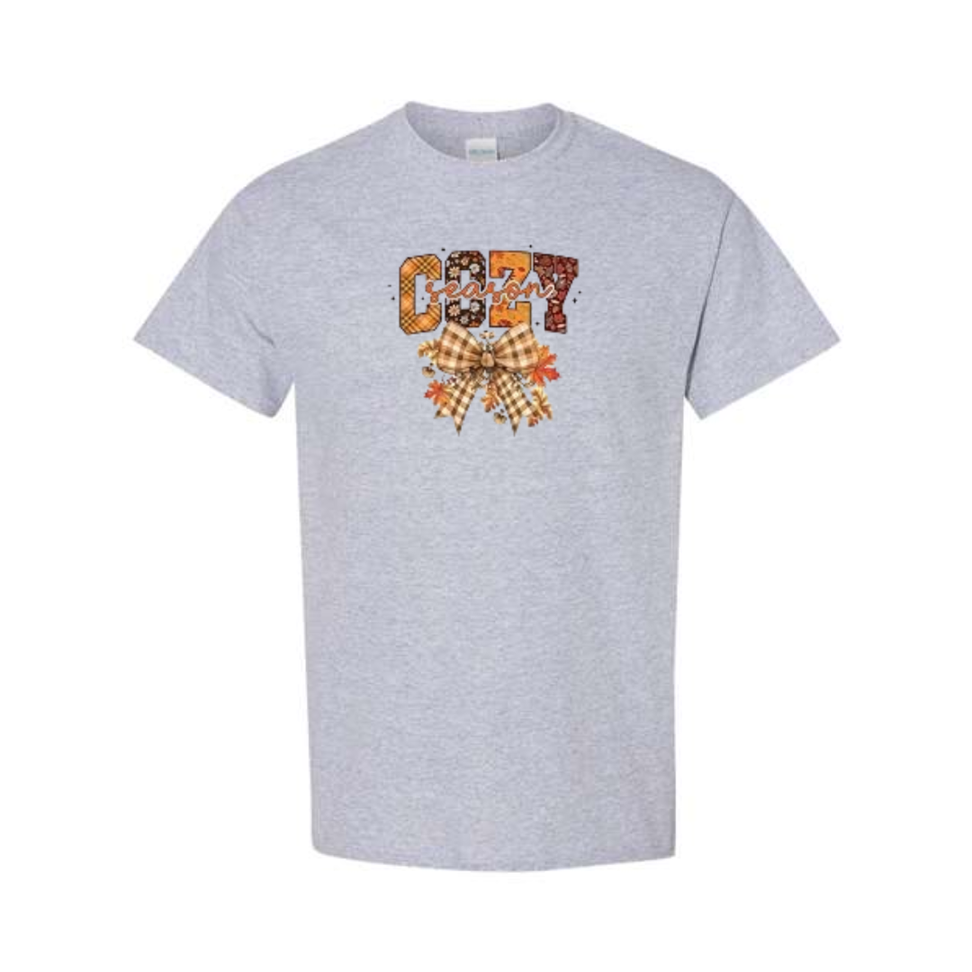 Cozy Season design on grey short sleeve tee