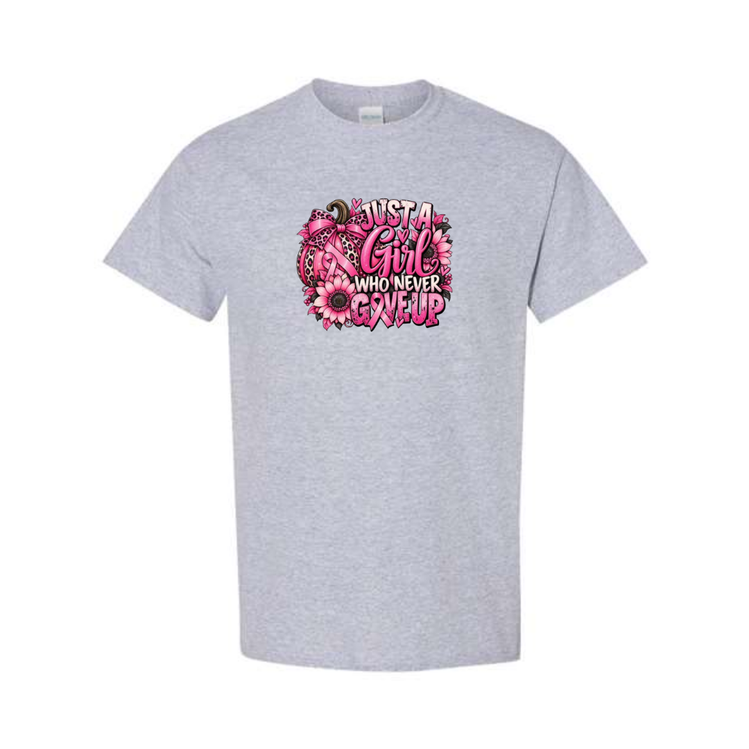 Just A Girl Who Never Gave Up design on grey short sleeve tee