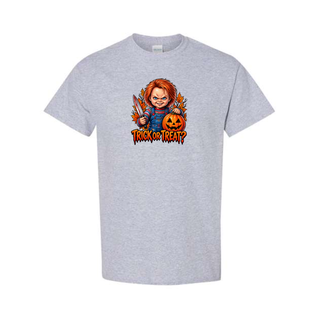 Trick Or Treat design on grey short sleeve tee