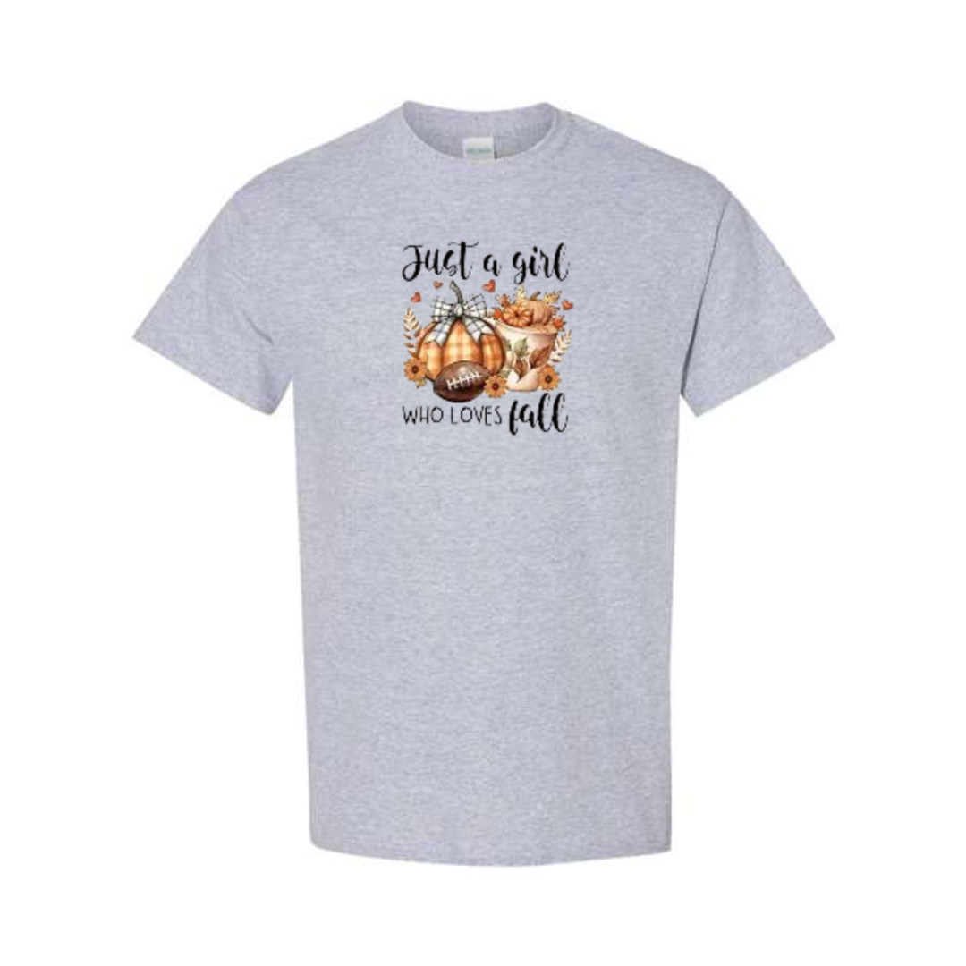 Just A Girl Who Loves Fall design on grey short sleeve tee