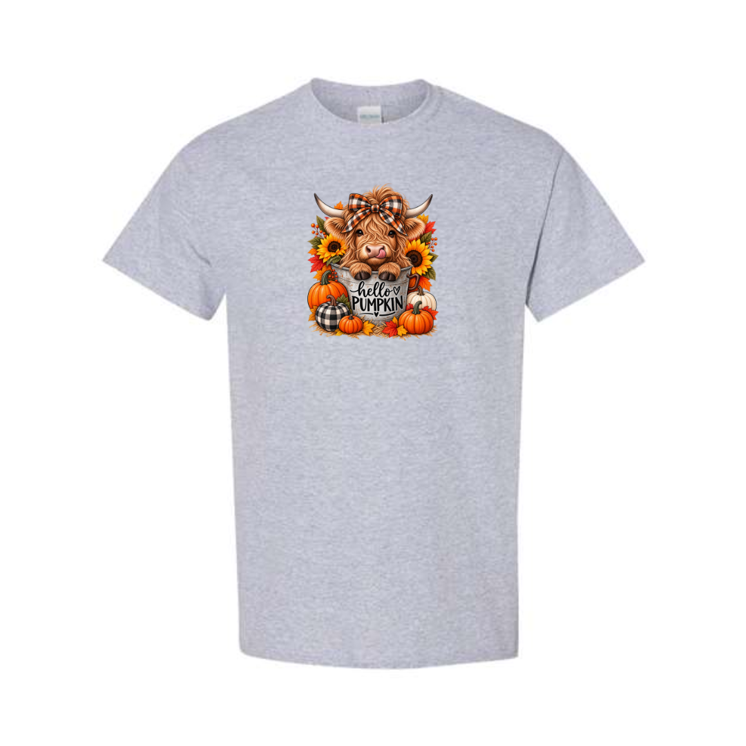 Hello Pumpkin Highland Cow design on grey short sleeve tee