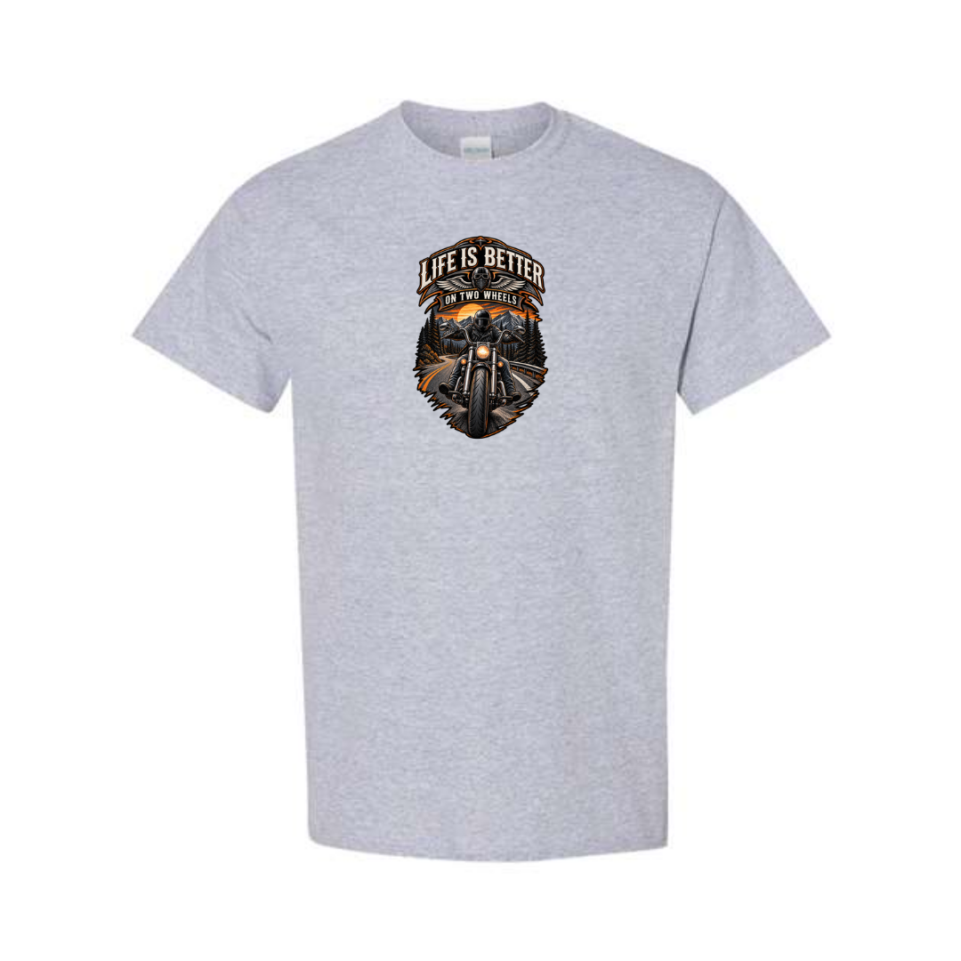 Life Is Better On Two Wheels design on grey short sleeve tee