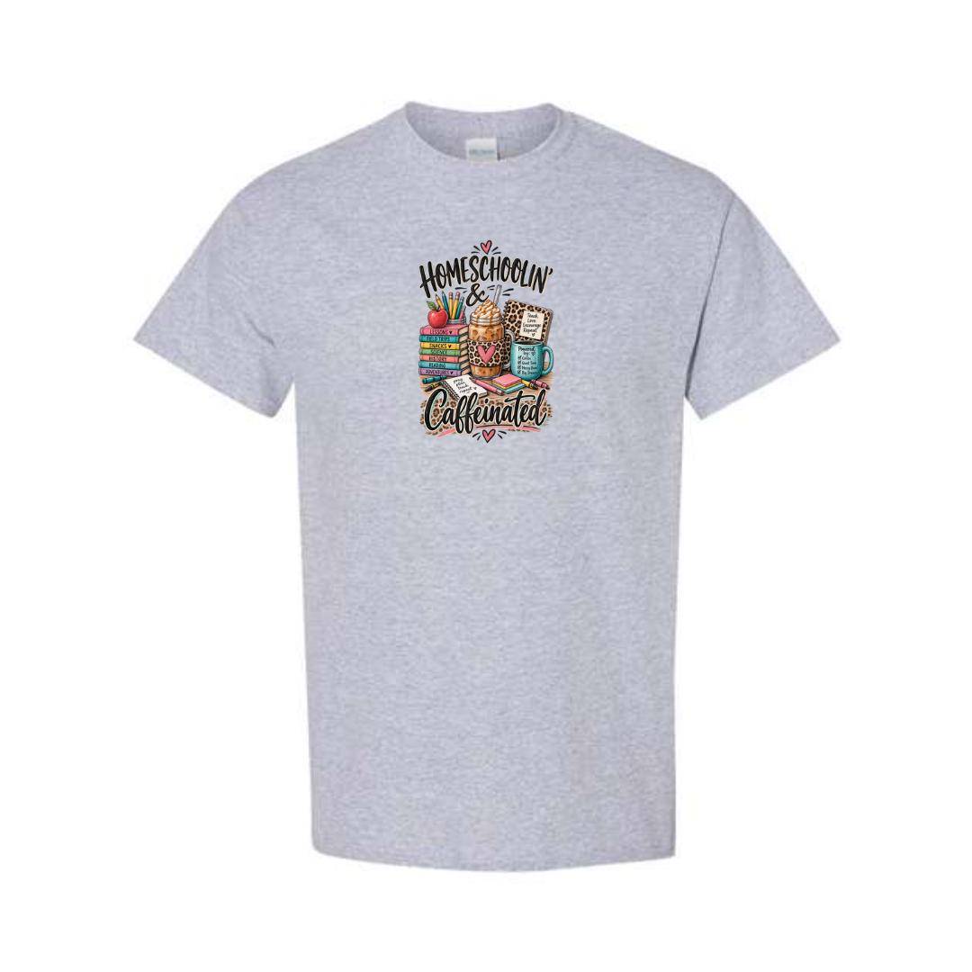 Homeschoolin' & Caffeinated design on grey short sleeve tee