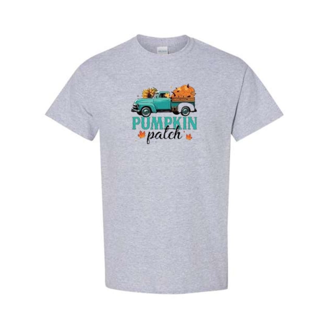 Pumpkin Patch design on grey short sleeve tee