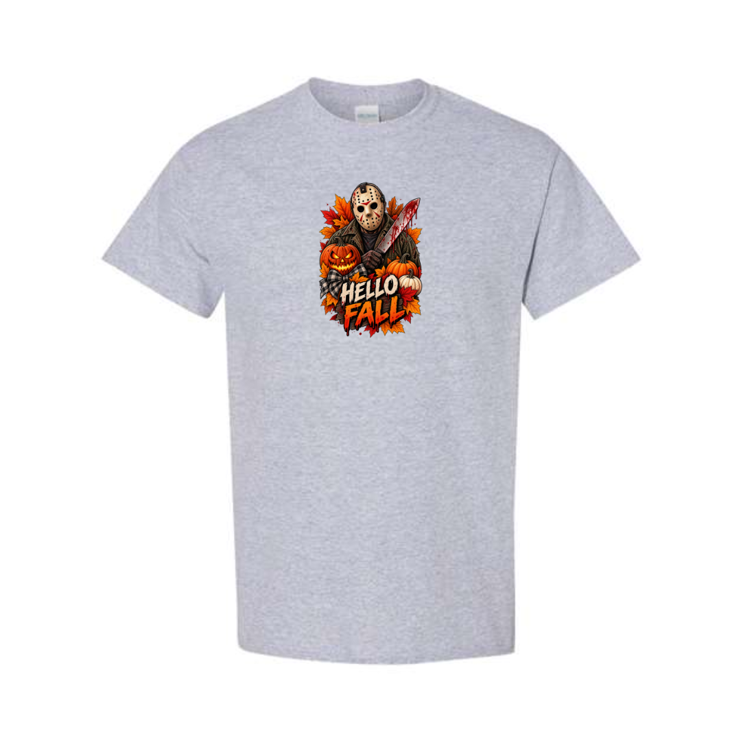 Hello Fall design on grey short sleeve tee