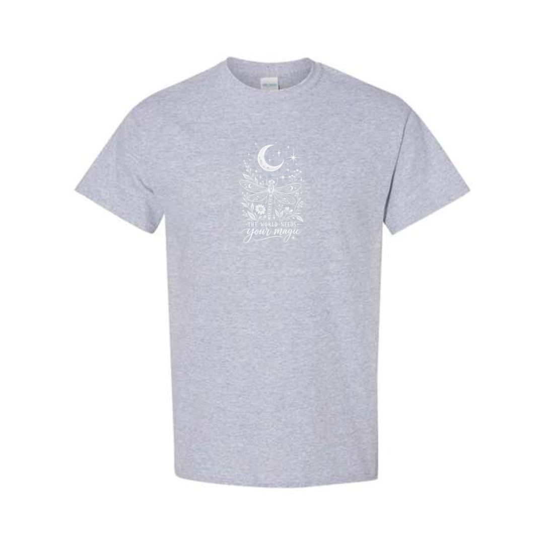 The World Needs Your Magic design on grey short sleeve tee