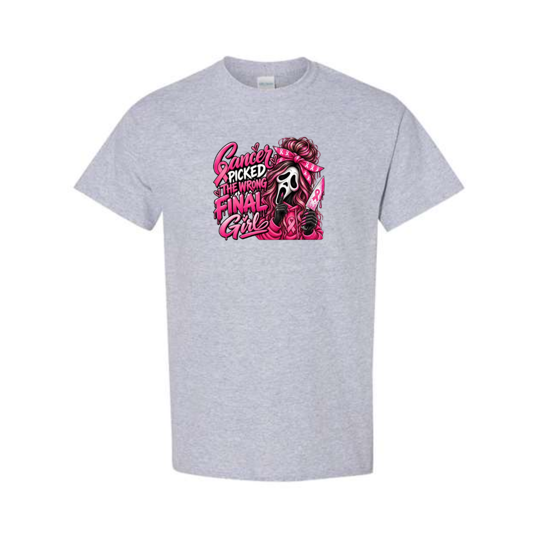 Cancer Picked The Wrong Final Girl design on grey short sleeve tee