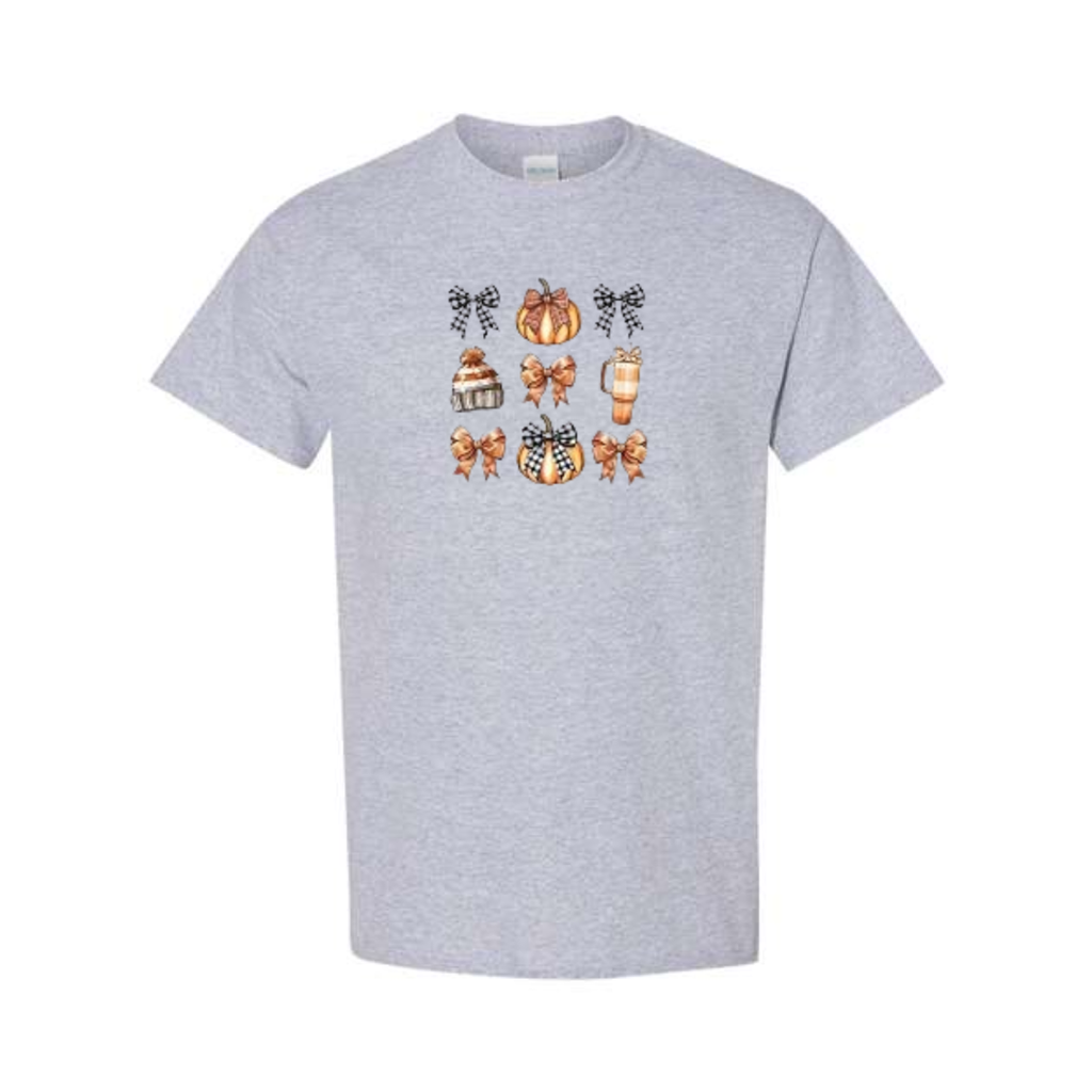 Cozy Bows and Brews design on grey short sleeve tee