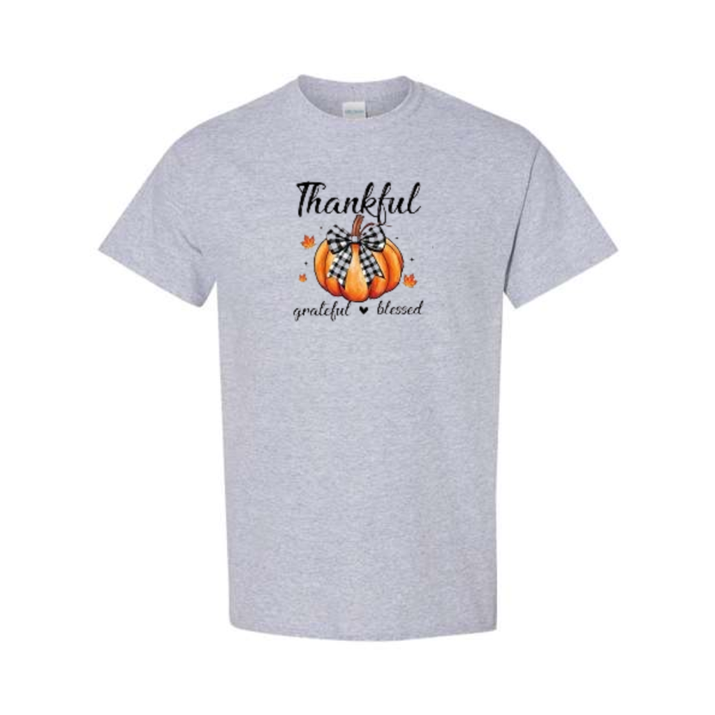 Thankful Grateful Blessed design on grey short sleeve tee