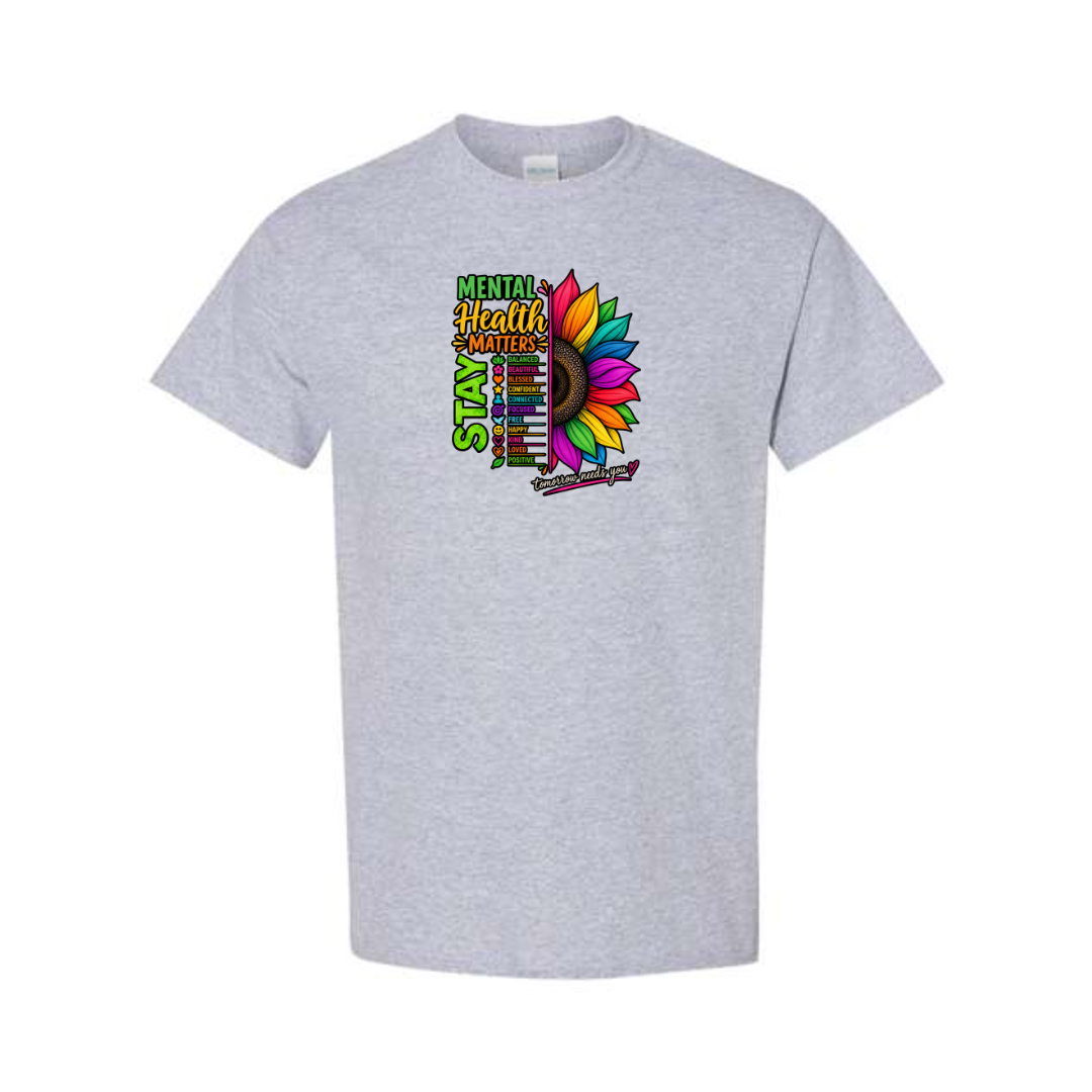 Mental Health Matters — Rainbow Sunflower design on grey short sleeve tee